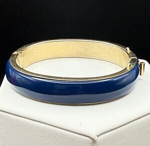 Vintage Classic Navy Metal Enamel Hinged Bangle Bracelet 1960s Mod Style